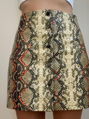 Mini Faux Leather Skirt with Snakeskin Print and Front Buttons, Like New, Size S