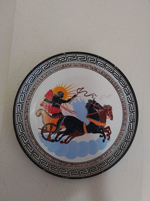 Handmade clay plate with Apollo and winged horses, used, 32cm diameter