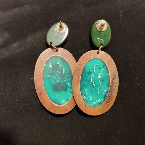 Statement earrings with wood and turquoise resin