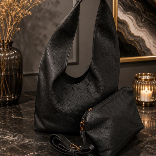 Black hobo bag set with matching pouch new
