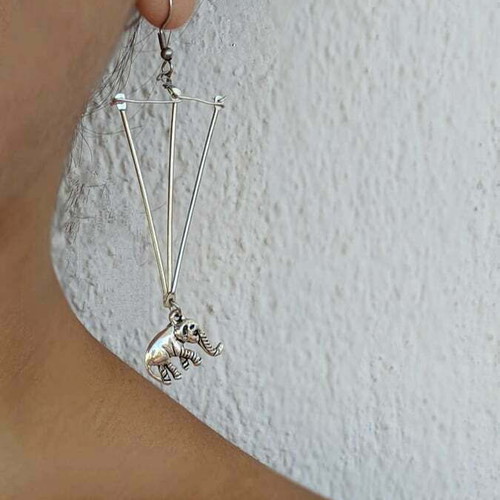 Handmade Long Geometric Triangle Earrings with Elephant Charm Steel New Silver