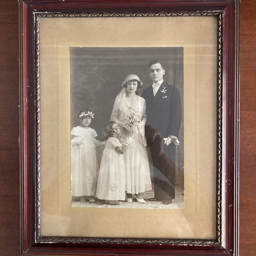 Original antique photograph bridal couple with bridesmaids used