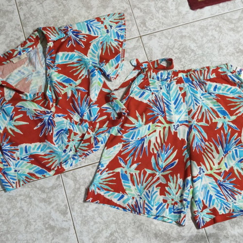 Cotton Linen Top and Bermuda Set new, tropical print, size M-L
