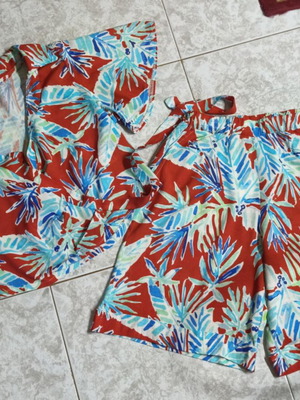 Cotton Linen Top and Bermuda Set new, tropical print, size M-L