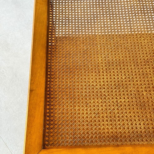 Rattan table used, walnut and glass