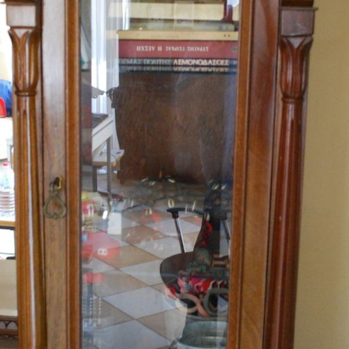 Mahogany carved display cabinet used, handmade by Dimitris Kamaro 1978