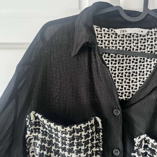 Zara black transparent shirt like new with tweed details, size L