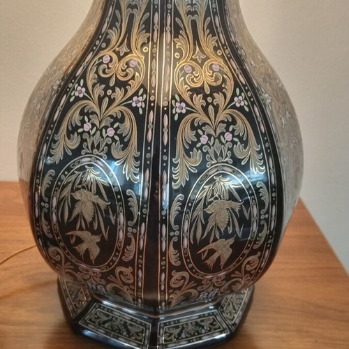 Vintage table lamp with dark blue porcelain base, Decor Exclusif style