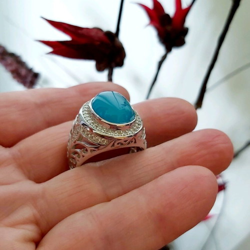 Men's silver 925 ring with natural light blue agate new