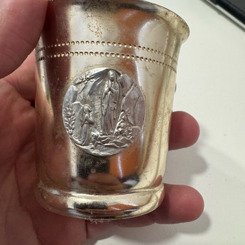 Small religious shot glass with Our Lady of Lourdes like new