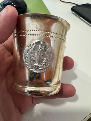 Small religious shot glass with Our Lady of Lourdes like new