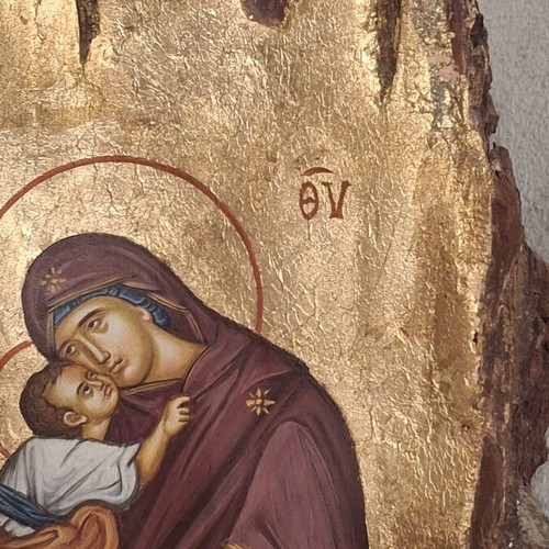 Vintage 1990s Greek Orthodox icon of Panagia with Christ on natural pine wood