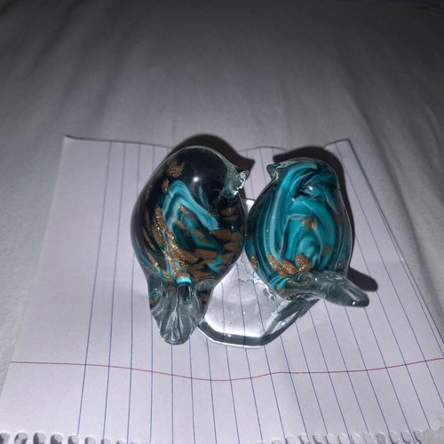 Glass decoration with 2 canaries like new, blue, black and gold