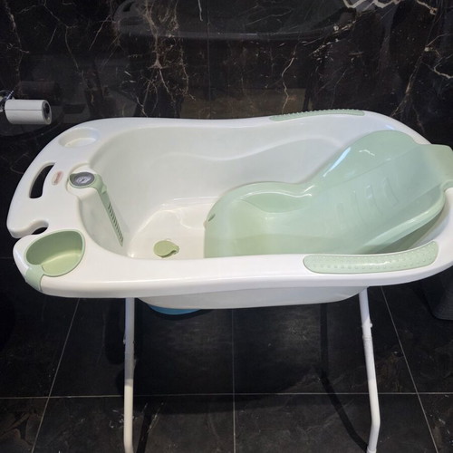 Baby bath with seat, thermometer and stand