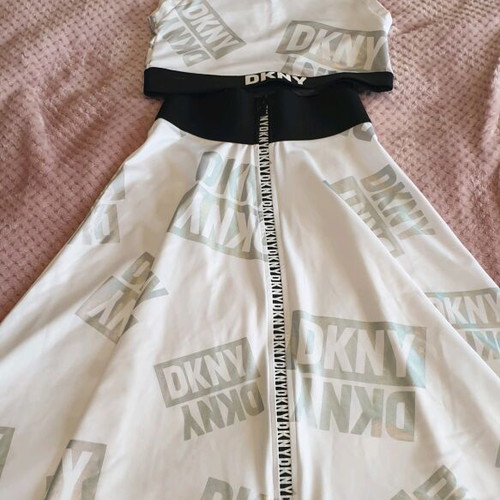 DKNY sleeveless top and skirt set like new, white with silver and black details