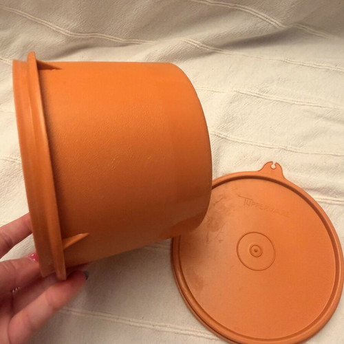 Tupperwear vintage deep circle orange container with lid used