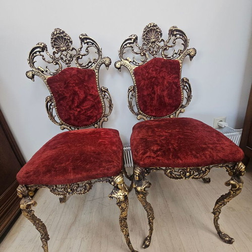 Antique chairs used, bronze with velvet, set of 2