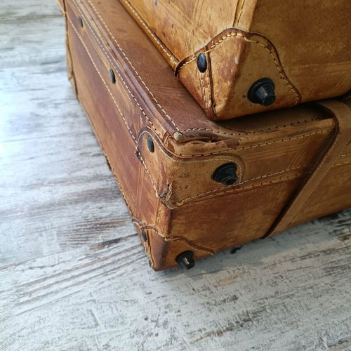 Vintage table with suitcases and round safety glass like new