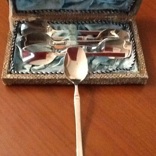 Silver-plated dessert spoons new, set of 6 in 1970 vintage case