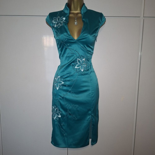 Jane Norman Oriental dress turquoise green size S 10 38