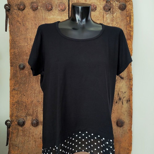 Women's black T-shirt with polka dot chiffon open back and button detail