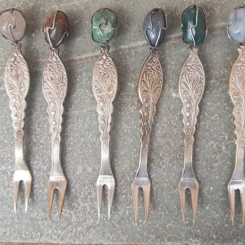 Vintage fruit forks used, set of 6 with semi-precious stones