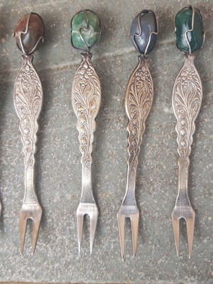 Vintage fruit forks used, set of 6 with semi-precious stones