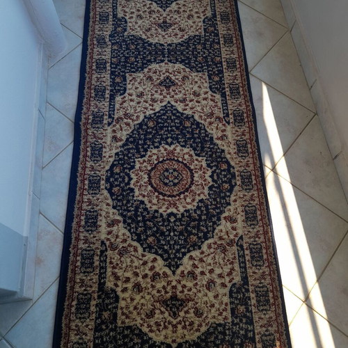 Rug set used, 3 pieces, blue beige with burgundy, thick pile