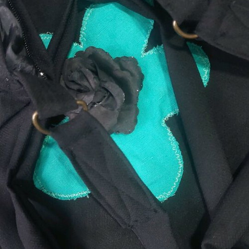 Handmade Black Fabric Crossbody Bag like new with Turquoise Flower