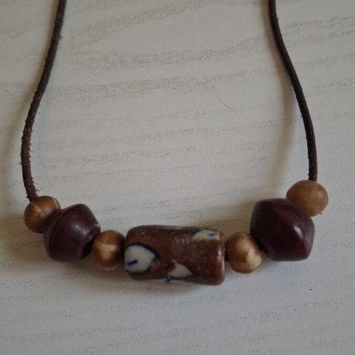 Ethnic necklace handmade with leather strap used, brown