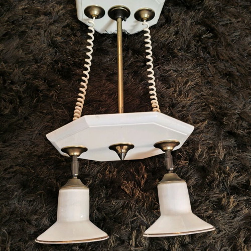 Vintage ceiling light set 4-light and 2-light, brass and opaline glass
