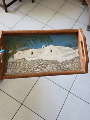 Wooden serving tray used with handmade painting of Cycladic landscape