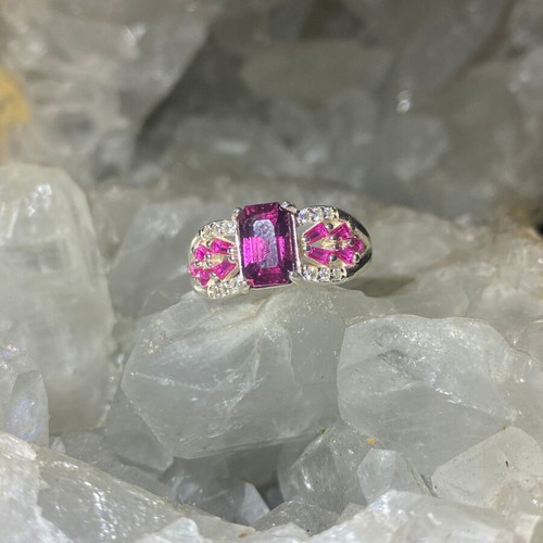 Silver ring with natural rhodolite garnet and moissanite