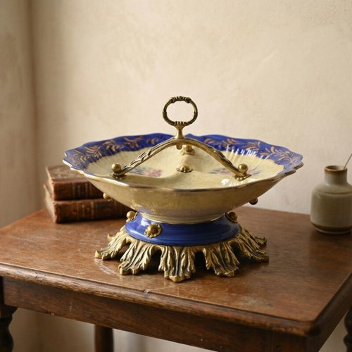 Vintage porcelain raised platter used, 27 cm diameter with brass details
