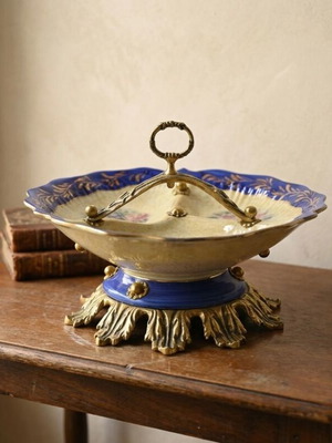 Vintage porcelain raised platter used, 27 cm diameter with brass details