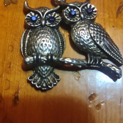 Silver pendant with two owls and dark blue stones