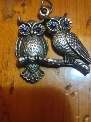 Silver pendant with two owls and dark blue stones