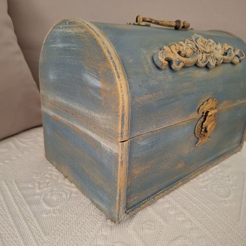 Vintage handmade chest with chalk paint and wood carvings