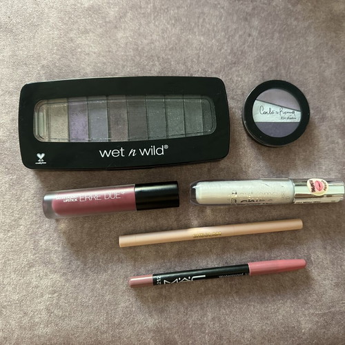 Wet and Wild eyeshadow palette and assorted lip products