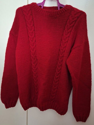 Handmade red knitted sweater with braids, like new, size M