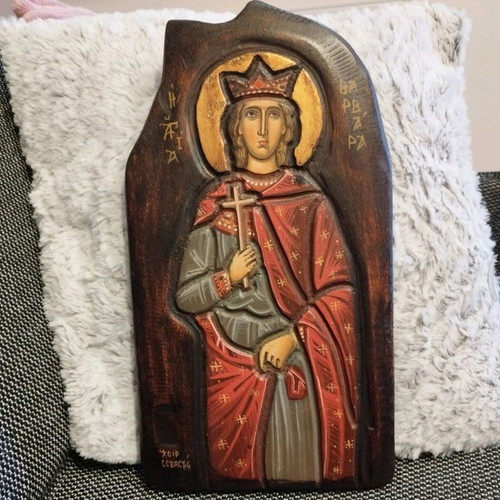 Handmade carved icon of Saint Barbara like new