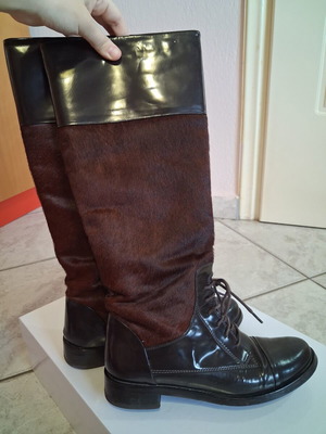 Attimo vintage handcrafted tall boots, almost knee-high, pony hair brown