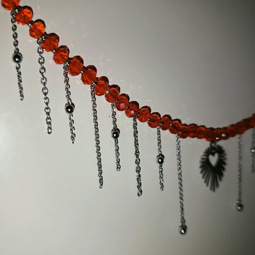 Steel necklace with red glass beads and chain fringes handmade new