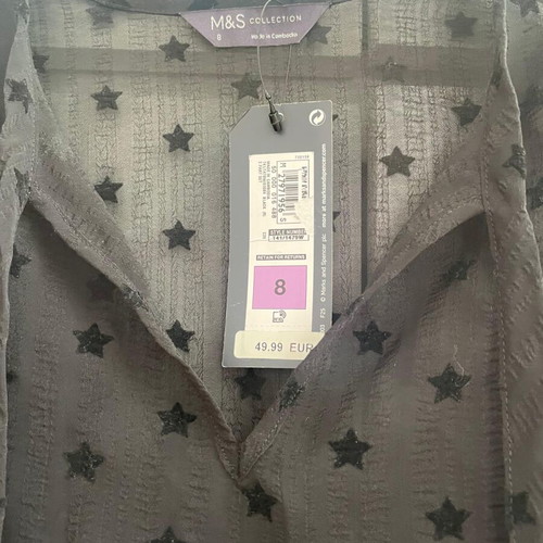 Marks & Spencer women's black transparent blouse with velvet stars, new