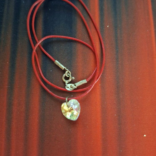Necklace with red leather strap and heart pendant with rhinestones new