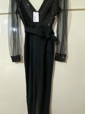Fullah Sugah black jumpsuit with sequins and sheer fabric, new, one size