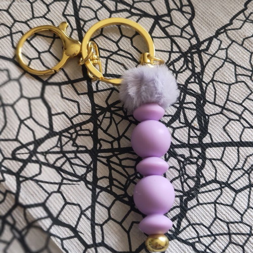 Handmade Pastel Purple Beaded Keychain with Fluffy Pom-Pom and Gold Hardware