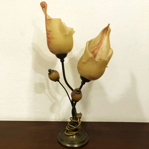 Two-light bronze lamp with blown glass like new