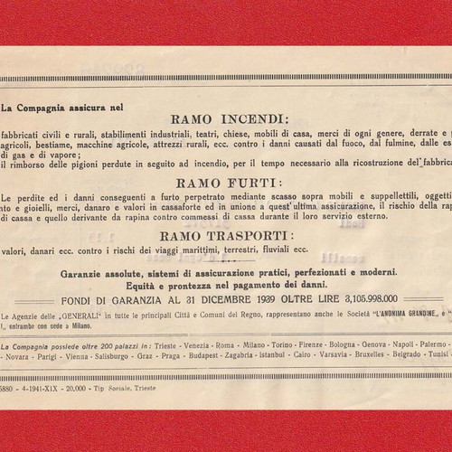 Assicurazioni Generali Life Insurance Payment Receipt used with 3 Marca da Bollo stamps