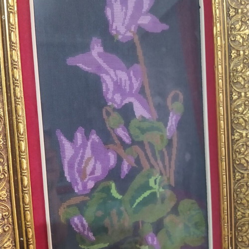Embroidered framed artwork used with DMC threads and glass
